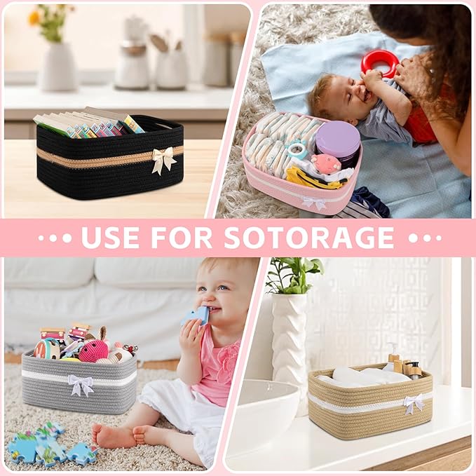 OIAHOMY Large Woven Storage Basket with Handles for Nursery Living Room Shelves, Bow Basket for Gifts Empty with Gift Bags and Ribbons for Baby Showers Pet Toy Bin - Black