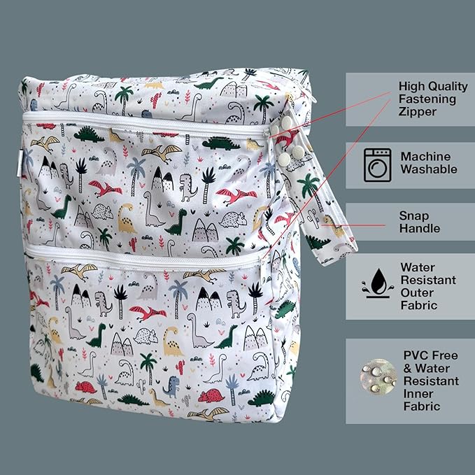 FLOCK THREE 3D Waterproof and Washable Wet Bag Luggage Organiser for Travel storage Stroller Daycare Baby Diapers Yoga Beach Pool Swimsuits Luggage Packing for Travel Accessories (Dinosaur)