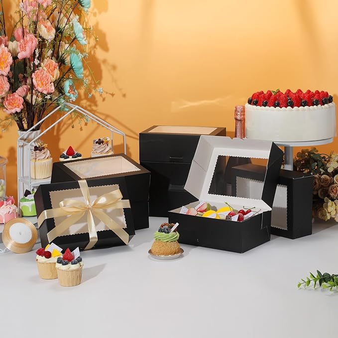 COTOPHER 30Pcs Cookie Boxes with Ribbons, 9x6x3 Inch Bakery Boxes with Window, Black Treat Containers for Pastries, Chocolate Covered Strawberries, Dessert, Easter Candy, Muffins, Donuts