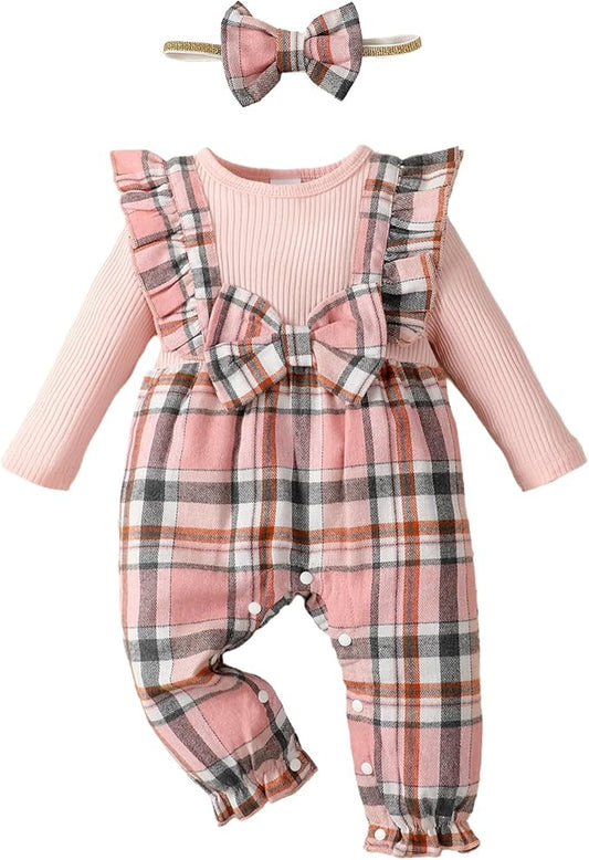 Newborn Infant Baby Girl Clothes Fall Winter Plaid Long Sleeve Jumpsuit One Piece Romper Bodysuit Baby Overalls Outfits