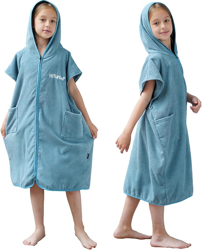 Hiturbo Kids Bath Towel Hoodie: Absorbent Quick Dry Zipper Surf Poncho - Changing Towels Swimming Outerwear (Blue)
