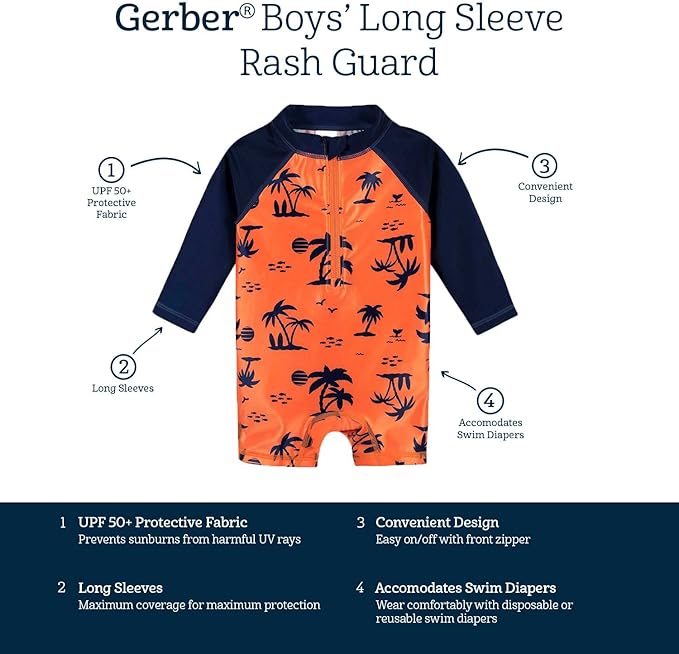 Gerber Boys' Toddler Long Sleeve One Piece Sun Protection Rashguard Swimsuit