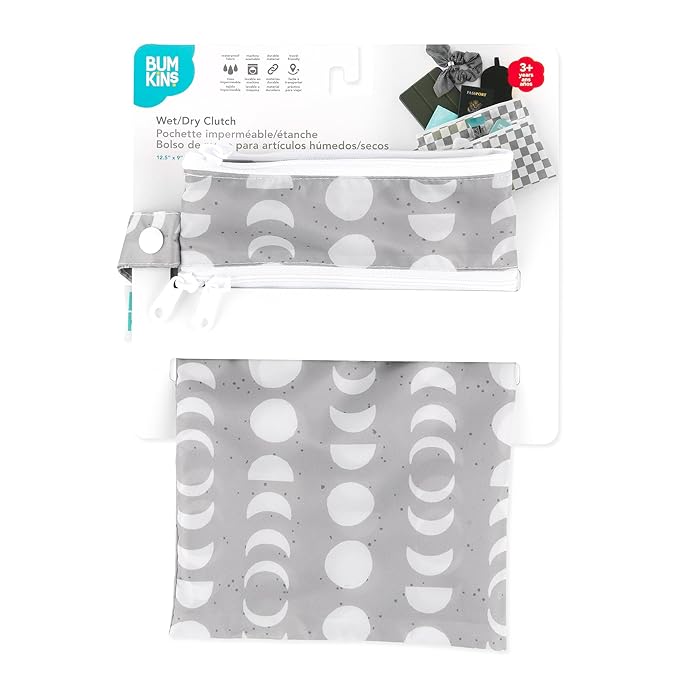 Bumkins Waterproof Wet Dry Clutch Bag for Baby, Travel, Swim Suit, Cloth Diaper, Pump Parts, Pool, Gym Clothes, Toiletry, Hook to Stroller, Daycare, Packing Pouch, Diaper Bag, Zip Reusable, Lunar Gray