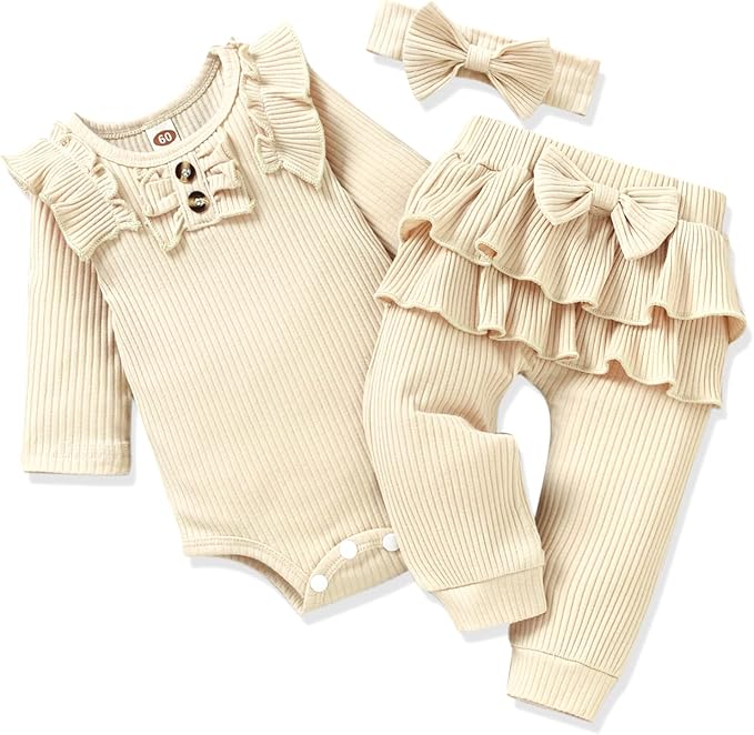 Aalizzwell Preemie Newborn Infant Baby Girls Clothes Ribbed Bodysuit Pants Set Fall Winter Outfits