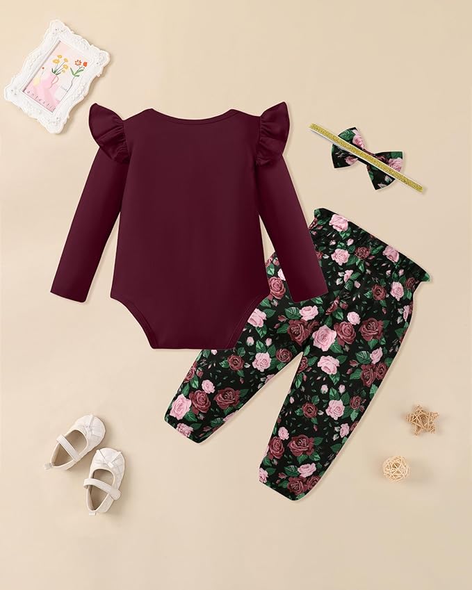 Baby Girl Clothes Newborn Infant Cotton Ruffle Romper+ Floral Pants + Headband Sets Fall Winter Outfits