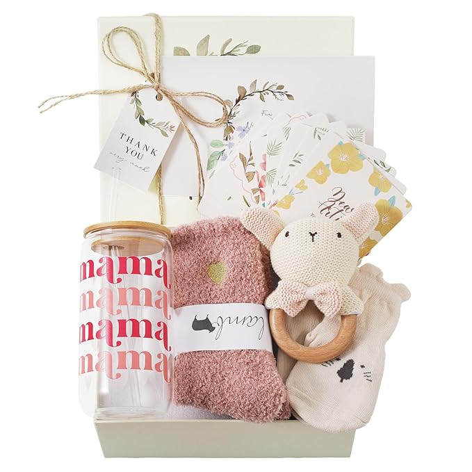 New Mom & Baby Gift Set | Pregnancy & Baby Shower Gifts for Her | Pink Mama Glass Tumbler & Bunny Rattle Care Package for Mom & Baby