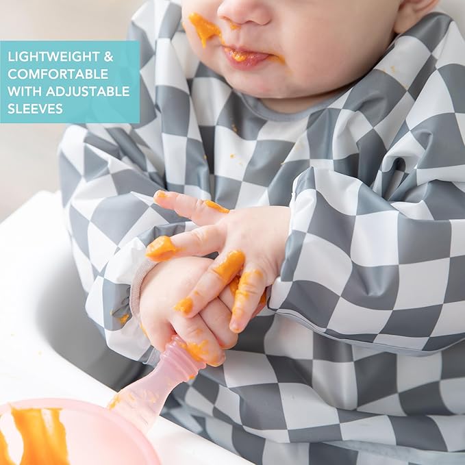 Bumkins Sleeved Bib for Girl or Boy, Baby and Toddler for 6-24 Mos, Essential Must Have for Eating, Feeding, Baby-Led Weaning Supplies, Long Sleeve Mess Saving Food Catcher, Fabric, Gray Check