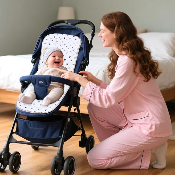 Baby Stroller Cushion,Infant Car Seat Insert-Reversible Universal Breathable and Soft Newborn Stroller Mat,100% Cotton Cover Toddler Seat Pad Liner-34x78cm,1 Pack(Black Heart+Khaki)