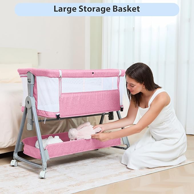 3-in-1 Baby Bassinet Bedside Sleeper with Wheels Bedside Bassinet for Newborn and Infant with Mattress and Storage Basket | Adjustable Height & Angle (13.5-18") | ASTM/CPSIA Certified (Pink)