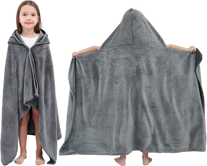Hiturbo Kids Fleece Hooded Bath Towel: Soft Plush Pool Beach Towel Blanket - 50"x30" Toddler Towels Wrap for Boys Girls 3-12 Years (Gray)