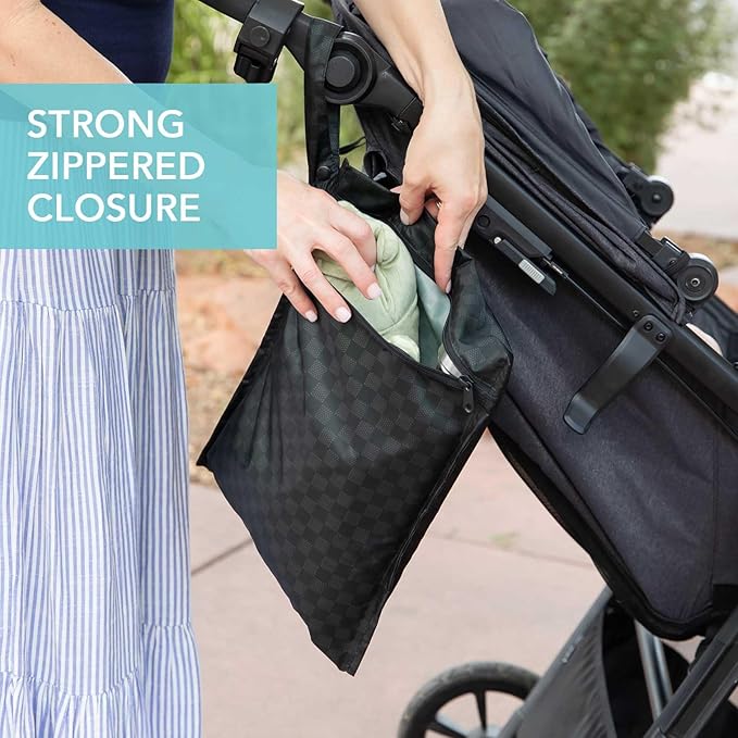 Bumkins Waterproof Wet Bag for Baby, Travel, Swim Suit, Cloth Diapers, Pump Parts, Pool, Beach, Gym Clothes, Toiletry, Hook to Stroller, Daycare, Zipper Reusable Wetdry Packing Pouch, Black Check