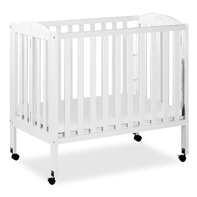Dream On Me 3-in-1 Portable Folding Stationary Side Mini Baby Crib in White & Mattress, GreenGuard Gold & JPMA, Use as Changer & Playpen, Locking Wheels, 3 Mattress Heights, Extra Firm Mattress