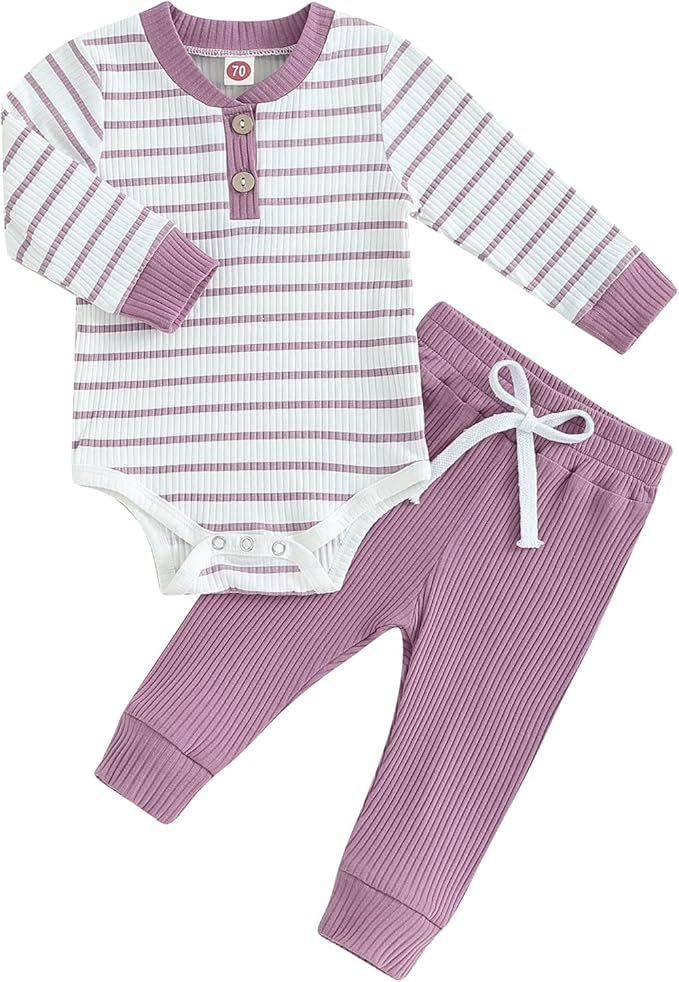 Newborn Baby Boy Girl Clothes Ribbed Knitted Long Sleeve Romper Pants Solid Cotton Infant Fall Winter Outfits 2Pcs