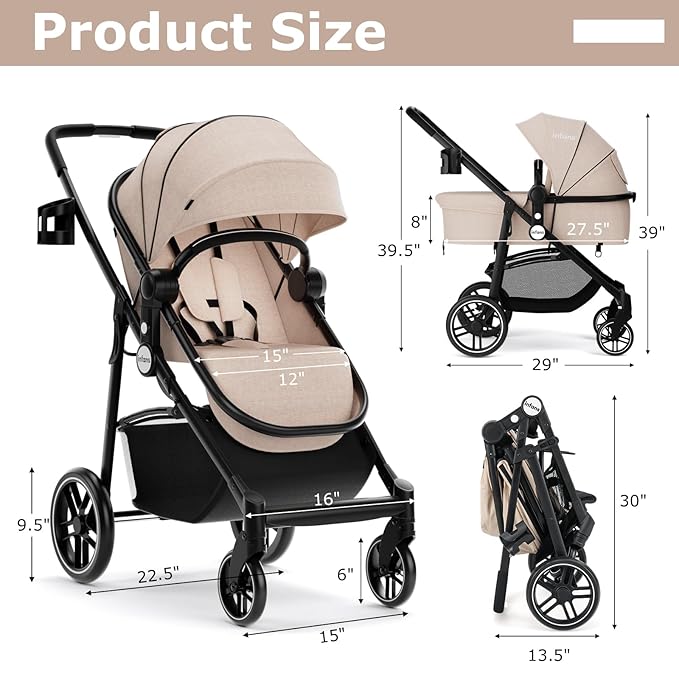 INFANS 2 in 1 Baby Stroller, High Landscape Infant Stroller & Reversible Bassinet Pram, Foldable Pushchair with Adjustable Canopy, Cup Holder, Storage Basket, Suspension Wheels (Khaki)