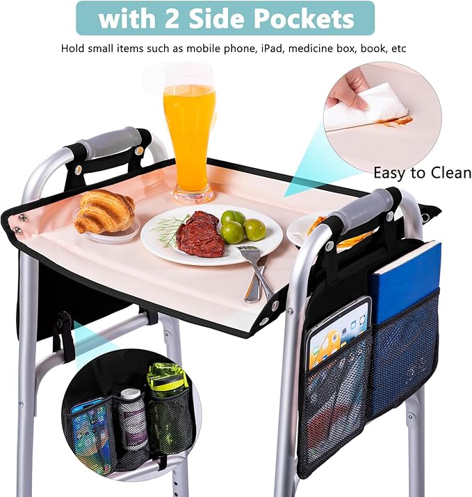 BAGSFY Walker Tray with Cup Holder & 2 Side Pockets, Folding Walker Table for Seniors | Sturdy, Easy-Clean Tray with PEVA Surface | Universal Fit for Standard Walkers, Walker Accessory for Elderly