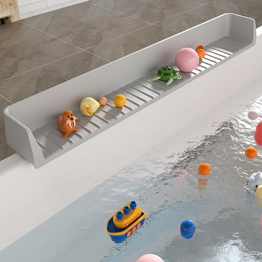 Longer Bathtub Splash Guard for Tub Kids, Play Shelf for Bathing, Toy Tray Caddy Holder for Tub, Silicone Tub Splash Guard Prevent Water Spills in Bathroom (2.6FT, Grey)