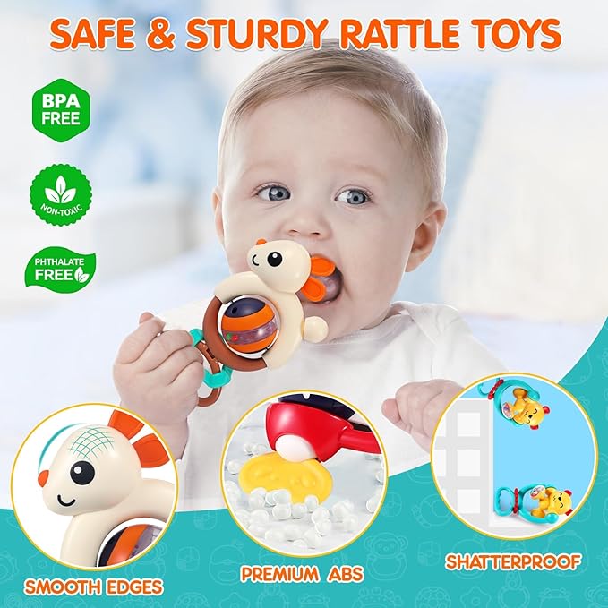 Baby Toys 6-12 Months Infant Toy Set of 3 High Chair Suction Cup Rattle Teething Toys for Babies 6 7 9 12-18 Months 2-in-1 Sensory Development Tray Toy Baby Gifts for Boys Girls