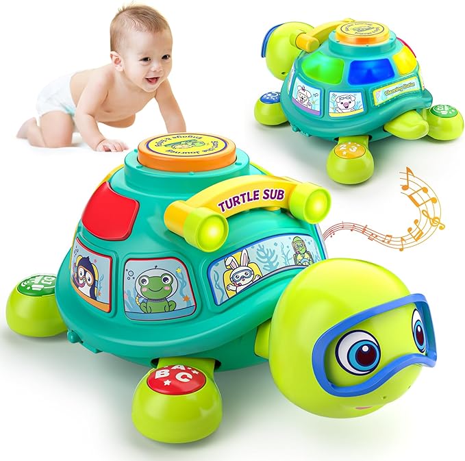 Baby Toys 6-12 Months, Musical Turtle Baby Crawling Toys 7 8 9 10 Months, Light up Infants Tummy Toy, Bilingual Educational Turtle, Gifts Present for Christmas Baby 4 5 6 12 Month