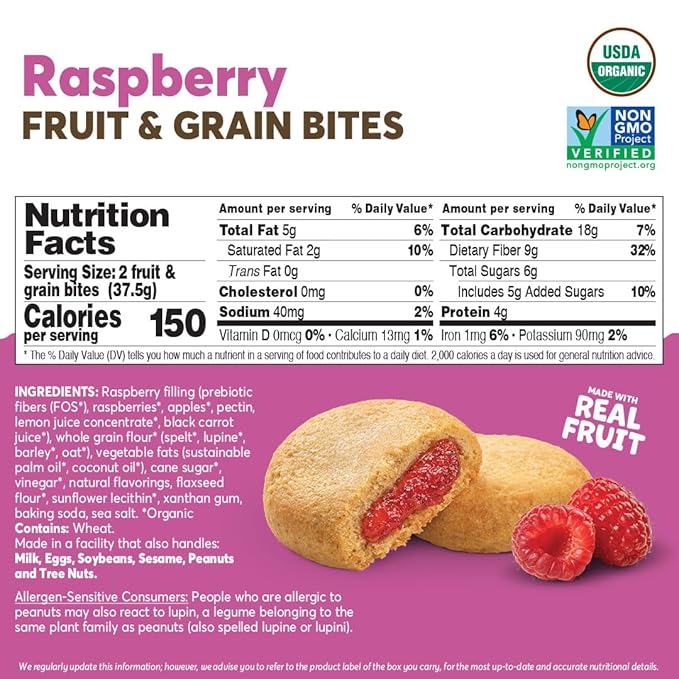 Olyra Raspberry Fruit Bars, Prebiotic High Fiber Snack, Organic Snack, Healthy Snacks for Adults and Kids, Low Sugar, Vegan, Office Breakfast Bars, USDA Certified Organic, Non GMO (Pack of 24)