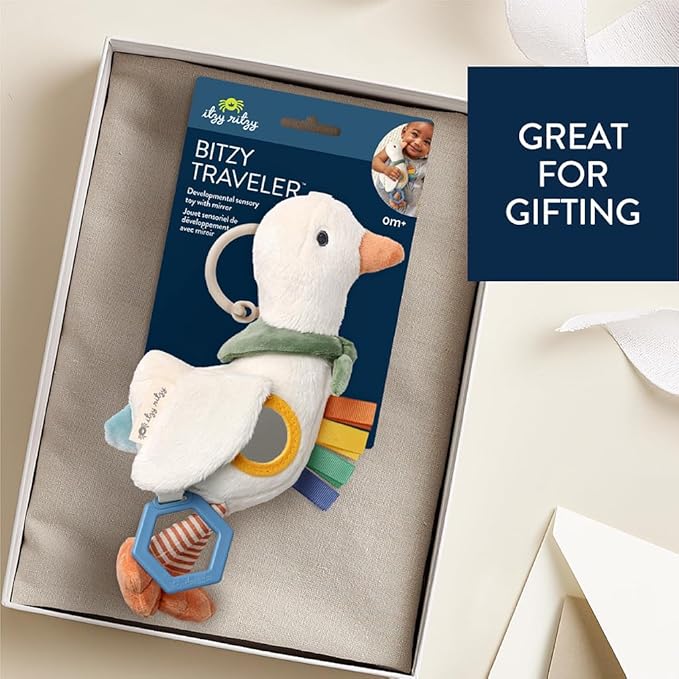 Itzy Ritzy Bitzy Traveler Car Seat & Stroller Toy for Babies – Developmental Sensory Toy Features Crinkle & Rattle Sounds & Multiple Textures – Hanging Travel Buddy for On-the-Go Entertainment (Goose)