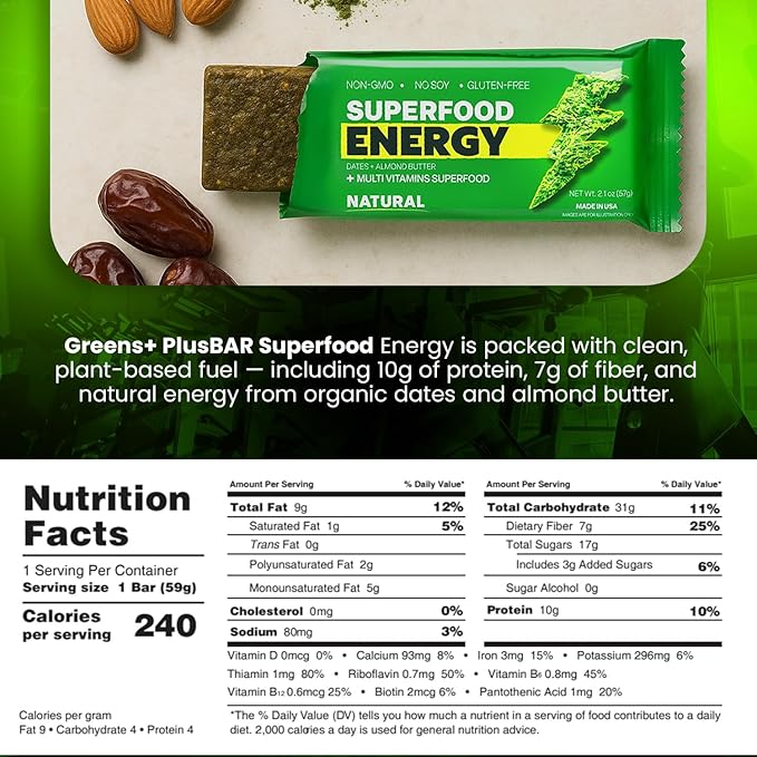 Greens+ Plusbar Energy, Natural, Gluten-Free Snack with Super Greens, Superfoods & Almond Butter, Vegan, Dairy-Free, Non-GMO, 10g Protein Meal Replacement, 12 Pack