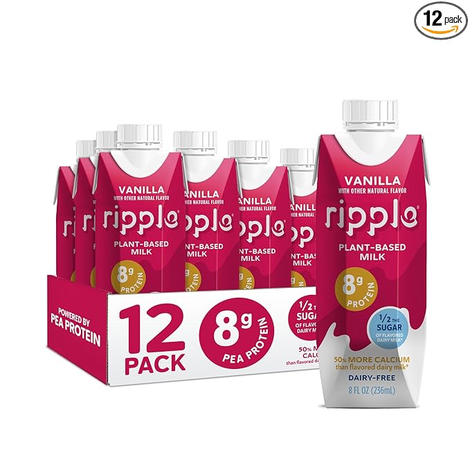 Ripple Non-Dairy Milk, Vanilla | Vegan Milk With 8g Pea Protein | Shelf Stable Single Serve Cartons | On-The-Go | Non-GMO, Plant Based, Gluten Free | 8 oz (Pack of 12)