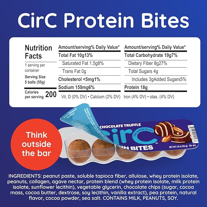 CirC Protein Bites - 12 Count Chocolate Truffle High Energy Balls - 18g of protein, 4g Collagen, 5g of net carb, Whey & Peanuts - Portable Healthy Snacks in 5-Piece Resealable Packs