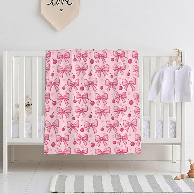 Baby Blanket Pink Bows Cherry for Boy Girl Newborn 30x40 Inch Toddler Infant Nursery Throw Blankets Double Layer Comfy Soft Plush Stroller Crib Quilt