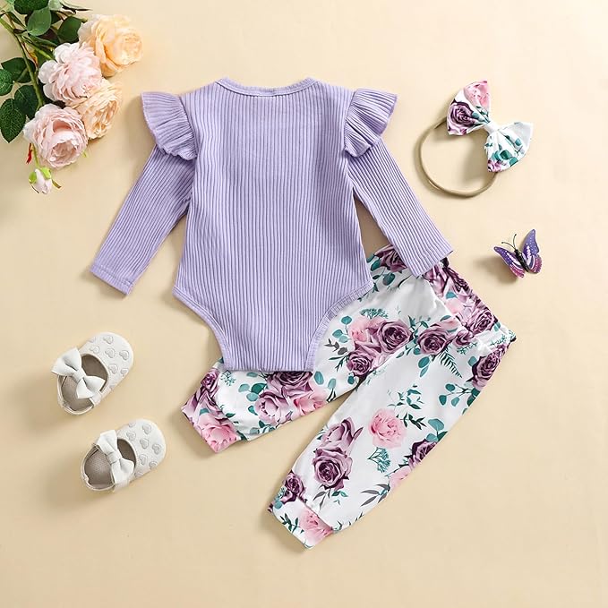 Baby Girls Clothes Ribbed Romper Bodysuit Pants Headband Set Fall Winter Outfits
