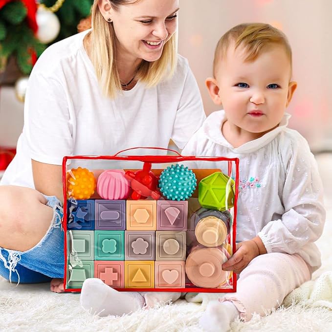 SpringFlower 3 in 1 Montessori Toys for Babies 0-3-6-12 Months, Soft Baby Teething, Stacking Building Blocks for Infants, Sensory Developmental Education Toys for Toddler Baby 12-18 Months,23 PCS