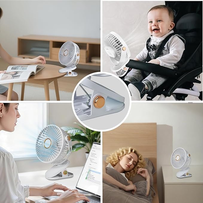 HUO JI Portable Clip on Fan 5 Speeds 360° Dual Rotation Brushless Motor Ultra Quiet <20dB LED Light USB Rechargeable