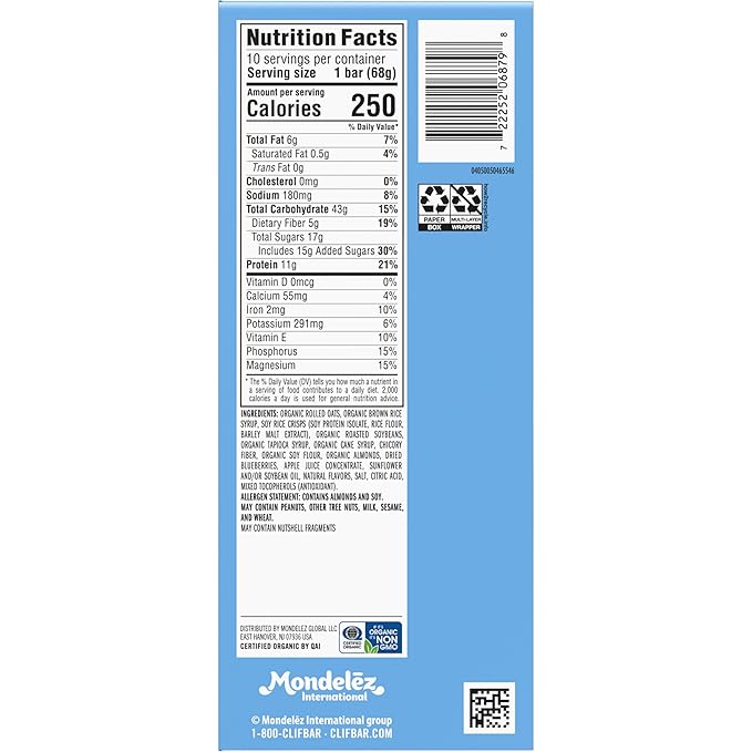 CLIF BAR - Blueberry Almond Crisp - Made with Organic Oats - Energy Bars - Non-GMO - Plant Based Protein Bars (10 Pack)