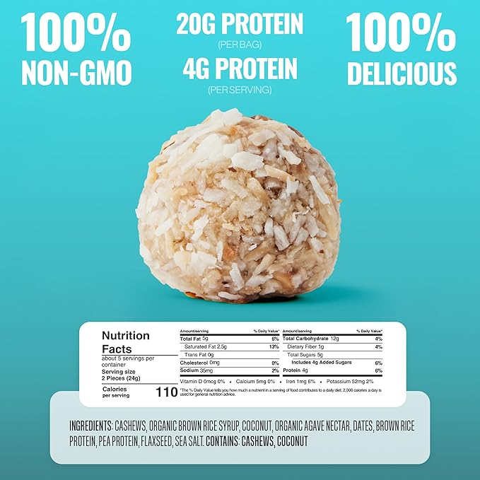 The GFB Coconut Cashew Protein Bites - Gluten Free Protein Balls - Non GMO, Soy Free, Vegan - Snack Size Plant Based Energy Balls, 4 oz (1 Count)