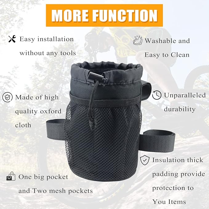 Bike Cup Holder With Mesh Oxford Pocket - Handlebar Water Bottle and Phone Holder for Mountain, Road, e-Bike, Kids Bikes, Wheelchairs, Cruisers