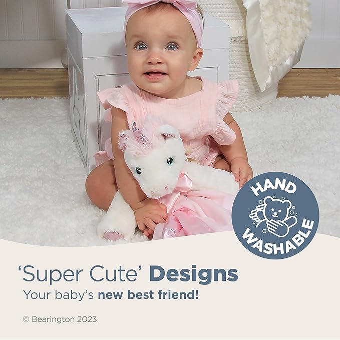 Bearington Baby Dreamer Snuggler - 15 Inch White and Pink Unicorn Plush Stuffed Animal Security Blanket Lovey for Babies - Plush Blanket