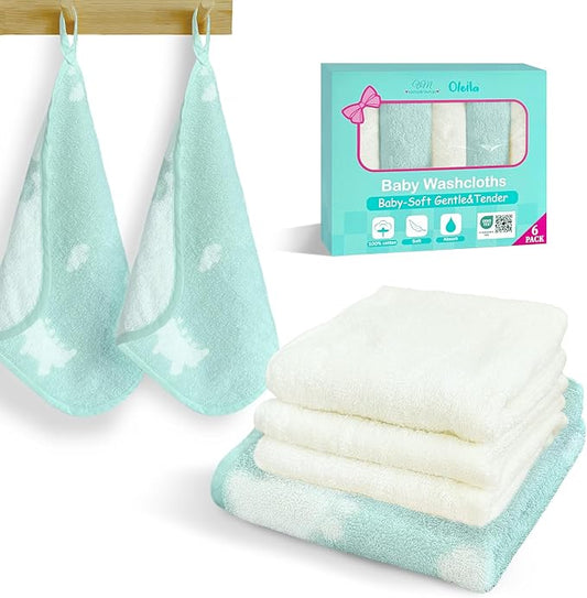 VOOVA & MOVAS 6 Pack 100% Cotton Baby Washcloths | 12x12 Inches | Highly Absorbent | Ultra-Soft Newborn Towels | Perfect Set,Baby Essentials |Dino & Ivory Colors