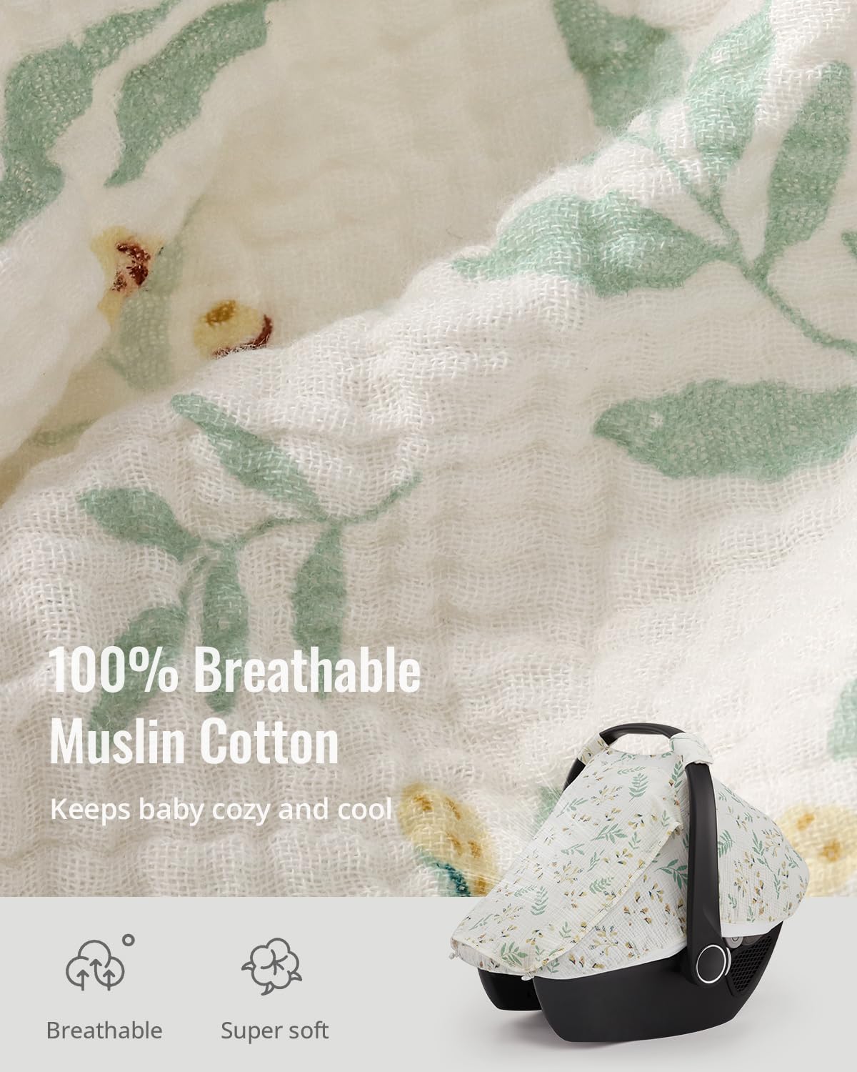 Blissful Diary Baby Car Seat Cover, Extra Large Mesh Window, Breathable Muslin Cotton, Infant Windproof Canopy, Must-Have Baby Gift - Roman Green