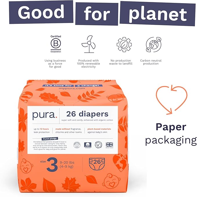 Pura Size 3 Eco-Friendly Diapers (9-20 lbs) Totally Chlorine Free (TCF) Hypoallergenic, Soft Organic Cotton, Sustainable, up to 12 Hours Leak Protection, Allergy UK, 1 Pack of 26 Diapers