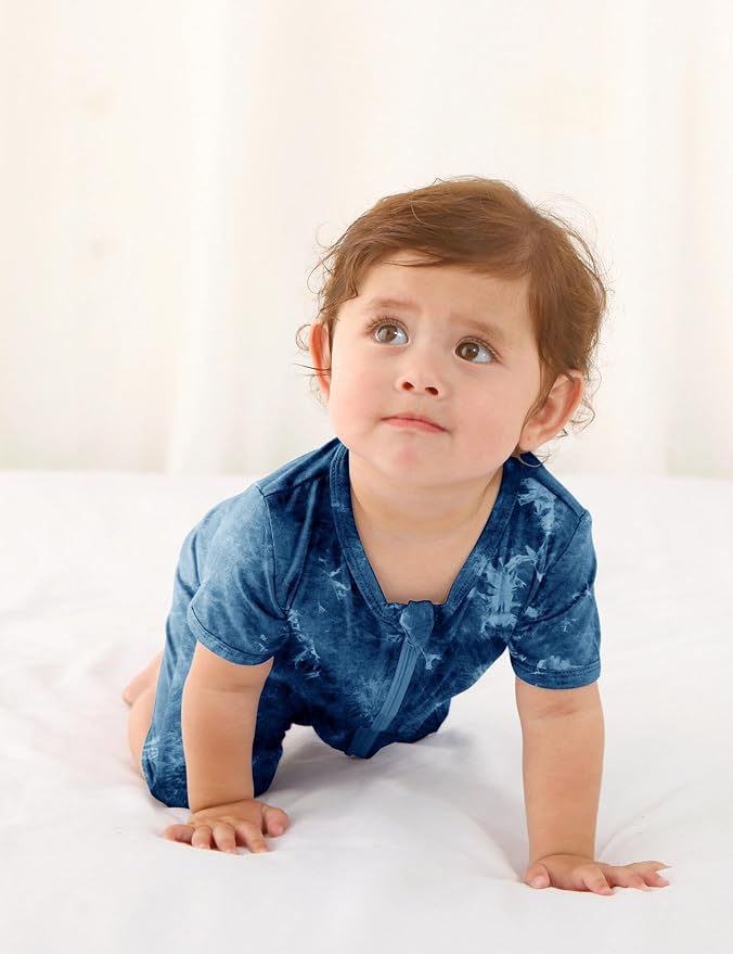 Jimonda Baby Girl Boys Rayon From Bamboo Pajamas 3 Pack Short Sleeve Footless Romper 2 Way Zipper Tie Dye Pjs Sleeper 0-24M