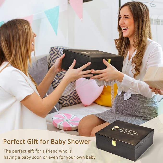 Baby Keepsake Box Wooden with 6 Additional Items - Baby Shower Gifts for Girls Boys New Mom, Newborn Essentials Must Haves Memory Box with Tooth Fairy Tooth Holder, Engraved with Guidelines, Large