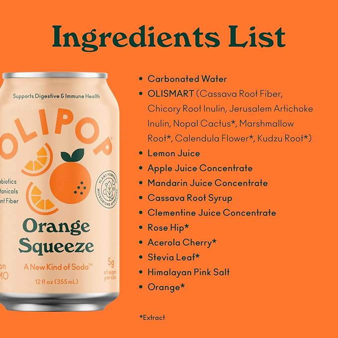 OLIPOP Prebiotic Soda Pop, Orange Squeeze, A New Kind of Soda Packed with Prebiotics, Fiber, and Botanicals, Gluten Free, Vegan, GMO Free, 12oz (12-Cans)