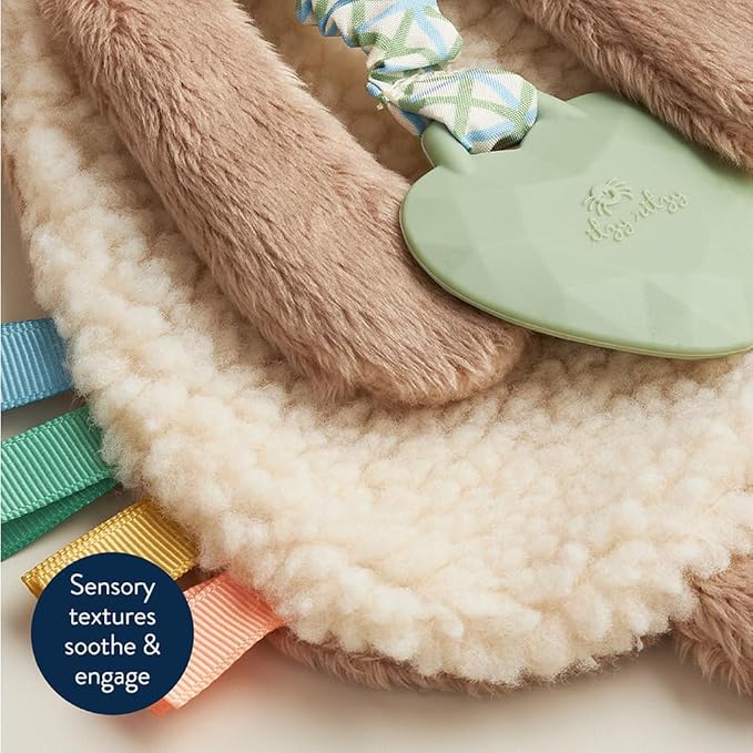 Itzy Ritzy - Itzy Lovey Including Teether - Baby Lovey with Teether, Textured Ribbons & Dangle Arms - Features Crinkle Sound, Sherpa Fabric and Minky Plush (Taupe Bunny)