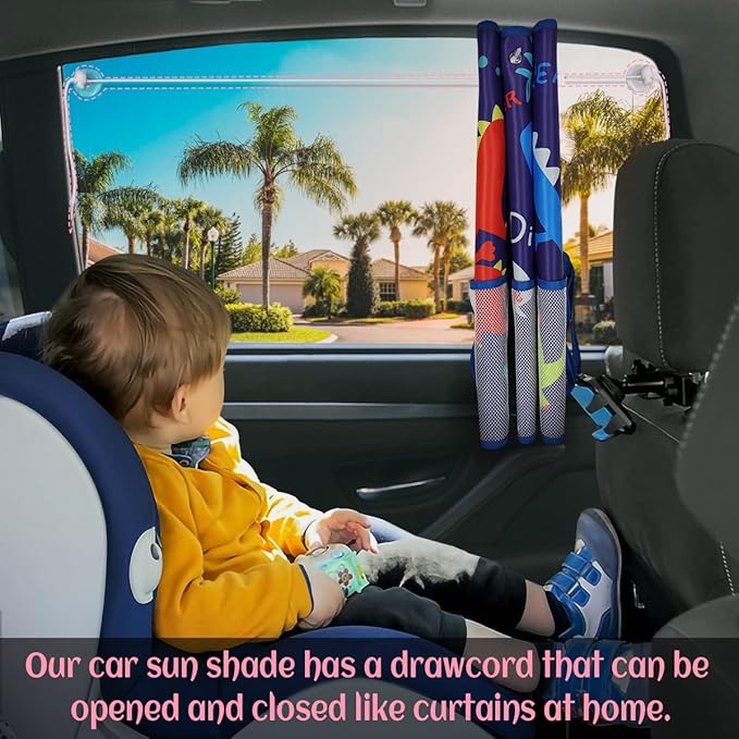 Car Window Shade for Baby, 2 Pack Car Sun Shades with Storage Net Pocket Auto Window Curtain 7 Suction Cups Blue Dinosaurs for Sun/Heat/UV Rays Protection Kids
