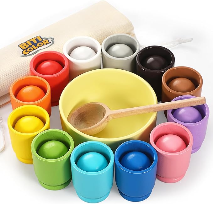 Ball in Cup Montessori Wooden Rainbow Color Sorting Toy for Toddlers - Preschool Color Matching - 12 Balls 40mm
