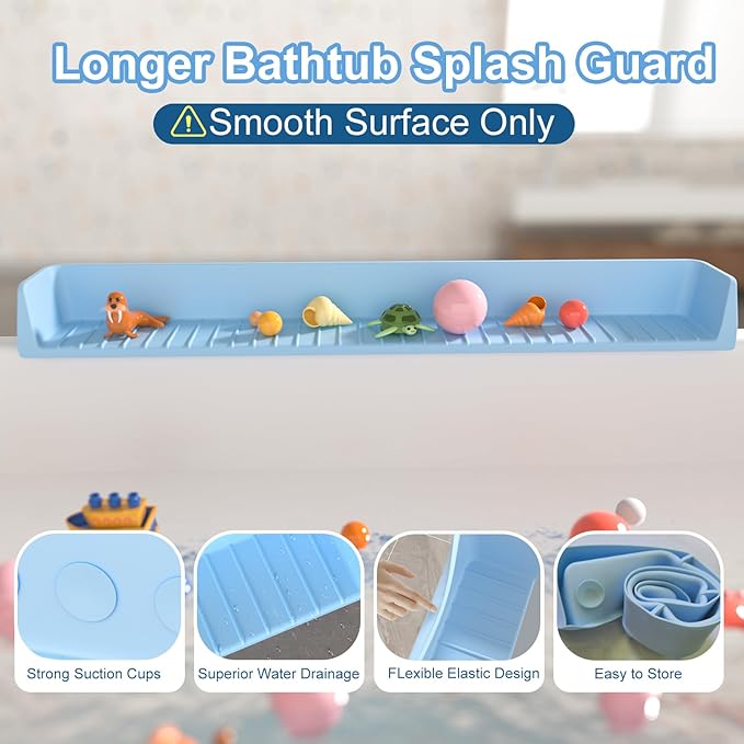 Longer Splash Guard for Bathtub Kids, Silicone Water Splash Guard, Toy Tray Caddy Holder for Tub, Bathtub Splash Guard Prevent Water Spills in Bathroom (2.6FT, Blue)