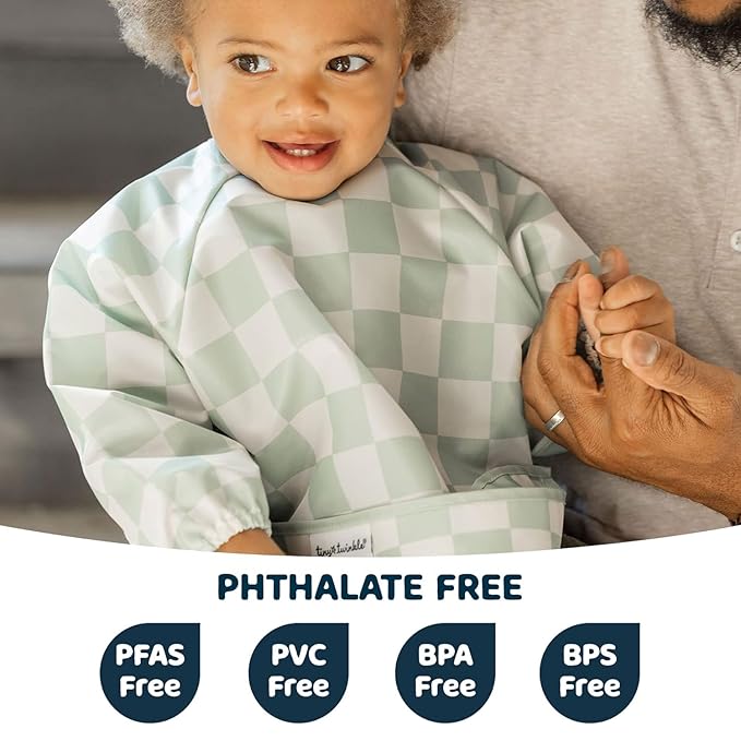 Tiny Twinkle Mess Proof Baby Bibs, 2pk Waterproof Smock Baby Bibs for Eating, Machine Washable Long Sleeve Bibs, Baby Led Weaning, Toddler Bibs, BLW Supplies (Black,Sage Checkers, Small 6-24 Months)