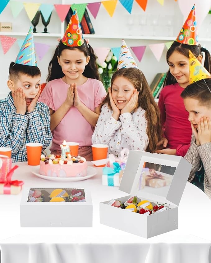 COTOPHER 30Pcs Cookie Boxes with Ribbons, 9x6x3 Inch Bakery Boxes with Window, White Treat Containers for Pastries, Chocolate Covered Strawberries, Dessert, Easter Candy, Muffins, Donuts