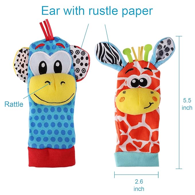 Baby Wrist Rattles and Sock Toys - Newborn 0-6 Months, 8PCS Soft Foot Finder Set, Hand and Feet Sensory Developmental Socks for Infants, Girl Boy Gifts