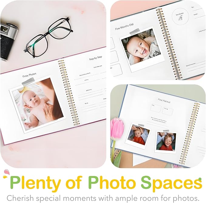 Baby Memory Book First 5 Year Boy or Girl Keepsake Journal Photo Albums Scrapbook, Gifts for Baby Shower First Time Mom New Parents (Footprint - Pink)