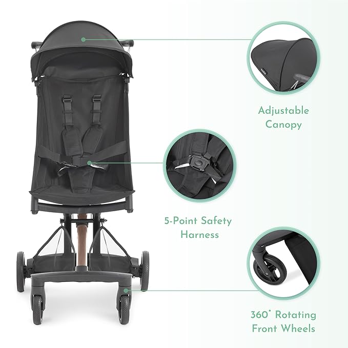 Evolur Roamer Ultra Light Stroller in Gold Black, Travel-Ready Compact Stroller with One-Hand Fold, 33 lb Capacity, Sun Canopy & Cup Holder, Easy Clean, Smooth Ride for Everyday Use